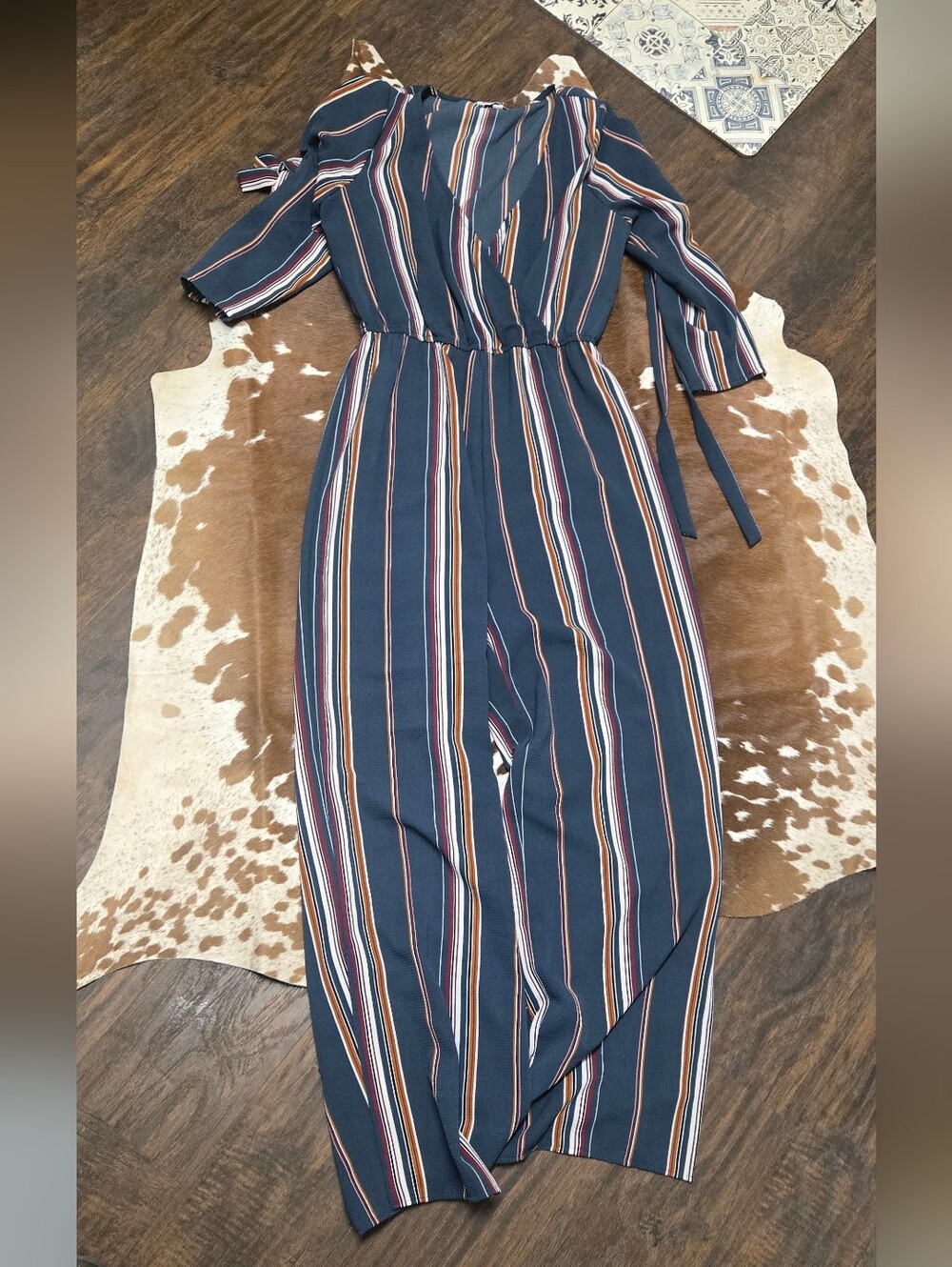 Speechless Navy Multi-Stripe Wrap Jumpsuit